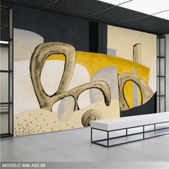 Mural Decorativo Minimalista MW.ABS.08, Líneas Orgánicas en Beige y Amarillo, Personalizado
