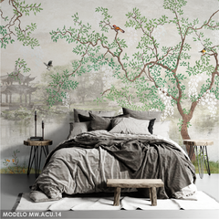 Escena oriental con naturaleza y pájaros, mural artístico - Modelo MW.ACU.14