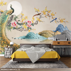 Mural con pavo real y flores, estilo asiático - Modelo MW.ACU.16