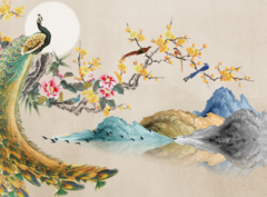 Mural con pavo real y flores, estilo asiático - Modelo MW.ACU.16 - comprar online