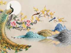 Peacock and Floral Wall Mural, Asian Style - Model MW.ACU.16 - buy online