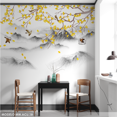 Diseño otoñal con aves, mural decorativo para pared - Modelo MW.ACU.18