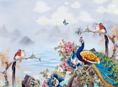 Murales de pavos reales y paisajes florales, estilo clásico - Modelo MW.ACU.19 - comprar online