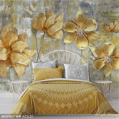 Golden flowers in relief, decorative vinyl mural MW.ACU.21