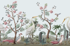 Naturaleza exótica con garzas y flores, mural decorativo MW.ACU.23 - comprar online
