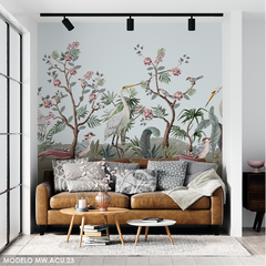Naturaleza exótica con garzas y flores, mural decorativo MW.ACU.23