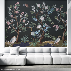 Escena floral oscura con aves, mural vinilo artístico MW.ACU.24