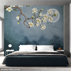 Flores blancas con fondo azul, mural decorativo - Modelo MW.ACU.33