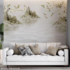 Paisaje sereno con flores blancas, mural decorativo - Modelo MW.ACU.35