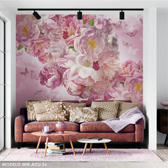Peonias rosadas con mariposas, mural decorativo - Modelo MW.ACU.36