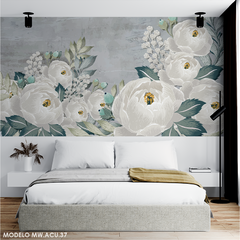 Peonias blancas con hojas verdes, mural decorativo - Modelo MW.ACU.37