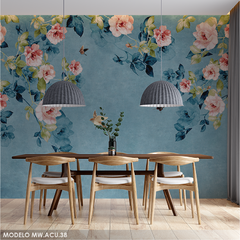 Flores azules y rosas sobre fondo azul, mural decorativo - Modelo MW.ACU.38