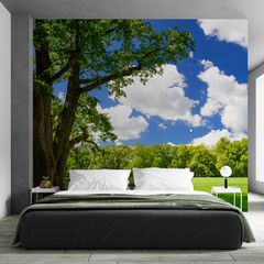 Mural de paisaje con árbol y cielo azul, diseño fresco y vibrante, MW.BOS.03