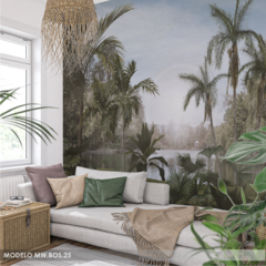 Mural de Vinilo Paisaje Tropical con Palmeras y Lago - MW.BOS.25