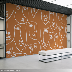 Line art mural, faces on terracotta background, MW.CON.34