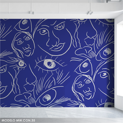 Mural line art, rostros sobre fondo azul, MW.CON.35