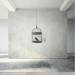 Jaula abierta con pájaro, mural minimalista en blanco y negro, diseño simbólico MW.CONCEPT.05
