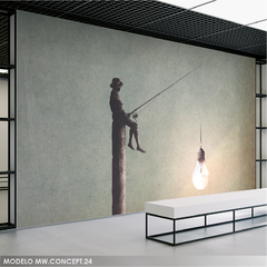 Mural de vinilo pescador surrealista con bombilla MW.CONCEPT.24