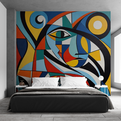 Mural de vinilo, rostro geométrico con líneas curvas, arte cubista MW.CUB.12 en internet