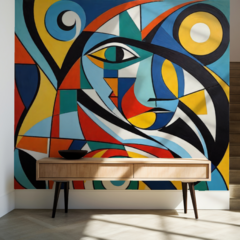 Mural de vinilo, rostro geométrico con líneas curvas, arte cubista MW.CUB.12 - Little Dreamer Deco - vinilos decorativos infantiles