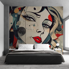Vinyl mural, female portrait in neutral and red tones, cubist art MW.CUB.13 on internet