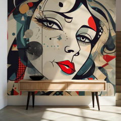 Vinyl mural, female portrait in neutral and red tones, cubist art MW.CUB.13 - Little Dreamer Deco - vinilos decorativos infantiles