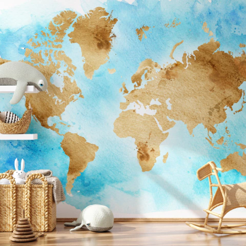 Watercolor world map mural, blue and gold tones, MW.MAP.11c,