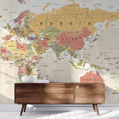 Mural mapa del mundo colores suaves, mural geográfico decorativo, MW.MAP.20