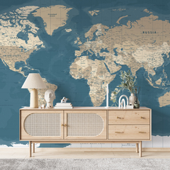 Mapa del Mundo Azul y Beige, Mural Decorativo, Diseño Sofisticado