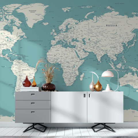 Minimalist Blue World Map, Wall Mural, Sophisticated Elegance