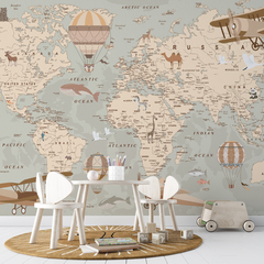 Mapa del Mundo Estilo Infantil, Mural Ilustrado, Mapamundi con Animales