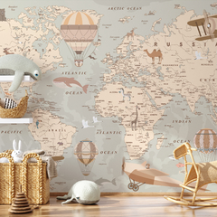 Mapa del Mundo Estilo Infantil, Mural Ilustrado, Mapamundi con Animales - comprar online