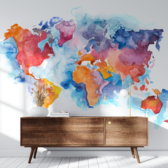 Mapa del Mundo Estilo Acuarela, Mural Decorativo, Diseño Clásico