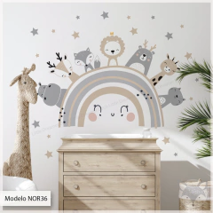 Modelo NOR36 Arcoiris nordico con animales y estrellas beige y gris on internet