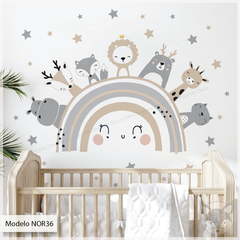 Modelo NOR36 Arcoiris nordico con animales y estrellas beige y gris - comprar online