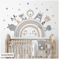 Modelo NOR36 Arcoiris nordico con animales y estrellas beige y gris