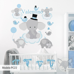 Vinilo Decorativo Infantil Elefantes y Pájaros en las Nubes - Elephant and Birds on Clouds Wall Sticker - Modelo Pc22