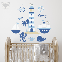 Nautical Style Kids Wall Decal with Lighthouse and Sea Animals - online store
