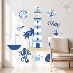 Imagen de Vinilo Decorativo Infantil Estilo Náutico con Faro y Animales Marinos - Modelo Pc49