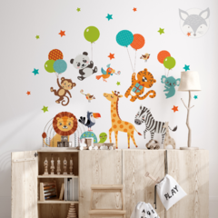 Jungle Animals Kids Wall Decal with Balloons and Stars