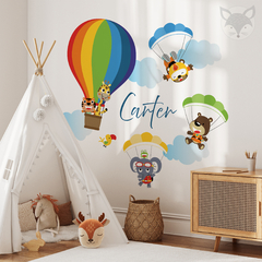 Personalized Kids Wall Decal with Hot Air Balloon and Parachuting Animals - Modelo Pc51
