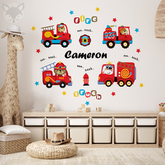 Personalized Kids Wall Decal with Fire Trucks and Cute Animals - Modelo Pc52