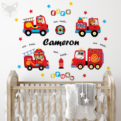 Personalized Kids Wall Decal with Fire Trucks and Cute Animals - Modelo Pc52 - Little Dreamer Deco - vinilos decorativos infantiles