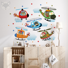 Kids Wall Decal with Colorful Helicopters and Adventurous Animals - Modelo Pc53 on internet