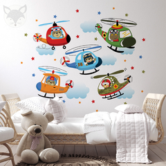 Kids Wall Decal with Colorful Helicopters and Adventurous Animals - Modelo Pc53