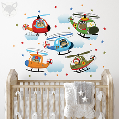 Kids Wall Decal with Colorful Helicopters and Adventurous Animals - Modelo Pc53 - Little Dreamer Deco - vinilos decorativos infantiles