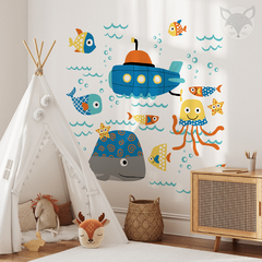 Kids Wall Decal with Underwater Scene, Submarine, and Sea Animals - Modelo Pc54 - buy online