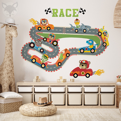 Kids Wall Decal with Racing Cars and Animals - Modelo Pc58