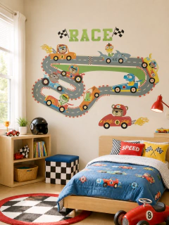 PROMO - Vinilo Infantil de Carreras de Autos con Animales para Decoración de Pared - Modelo Pc58