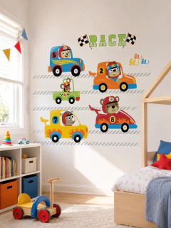 PROMO - Vinilo Infantil de Autos de Carreras con Animales para Decoración de Pared - Modelo Pc59